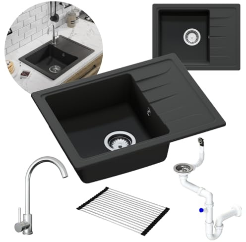 GRANMASTER Gracia Granitspülbecken Komplett-Set, Edelstahlarmatur, Siphon und Rollmata – 1-komoriger Spülbecken, kratzfest, hitzebeständig, modernes Design für die Küche