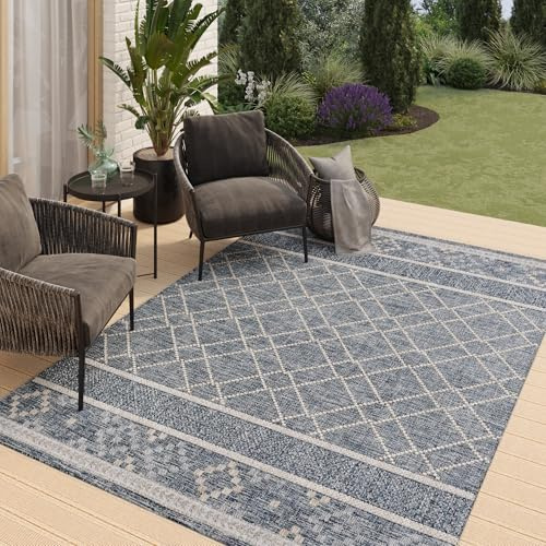 TAPISO Melissa Teppich Outdoor Blau Beige Flachgewebt Indoor Küche Flur Wohnzimmer Balkon Terrasse Modern Sisal Kurzflor ÖKO-TEX 240 x 300 cm