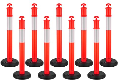 VEVOR 9 Pack Traffic Delineator Posts, 1140 mm Traffic Safety Cones with Fillable Base and Reflective Strips, Heavy Duty Delineator Posts for Construction Site, Parking Lot, Crowd Control, Red