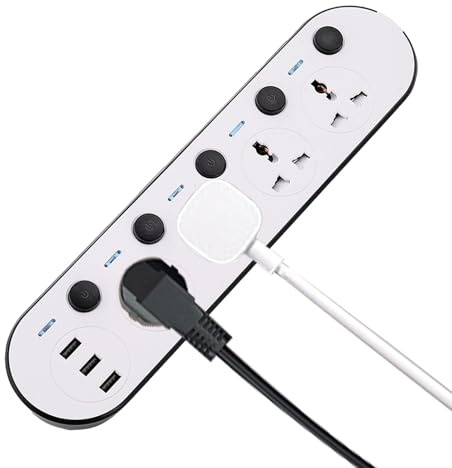 Regleta de Viaje | 4 Tomas y 3 Puertos USB | Regleta Compacta con Protector de Sobretensión para Hotel, Casa, Oficina y Viaje Internacional