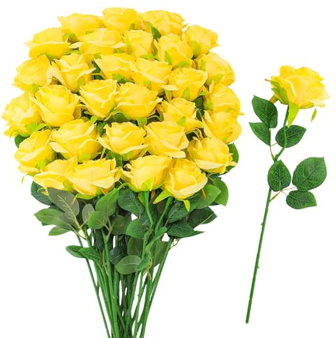 saerryor 32 Pcs Artificial Flowers Roses Fake Silk Flowers with Stems Yello | for DIY Wedding Gothic Bridal Shower Centerpieces Arrangements Tables Decorations