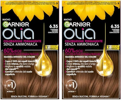 Garnier Olia Tinta Capelli, Colorazione Permanente Senza Ammoniaca, Fragranza Delicata, Copre il 100% dei Capelli Bianchi, Oli di Fiore di Origine Naturale, Castano Chiaro Cioccolato (Confezione da 2)
