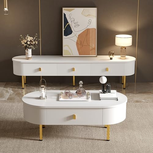 Modern TV-Schrank und Couchtisch Kombination Abgerundete Ecken mit Schubladen Lowboard für Schlafzimmer Wohnzimmer Esszimmer Unterschrank TV Möbel Tisch Weiß 2-teiliges Set 174x35x41 cm