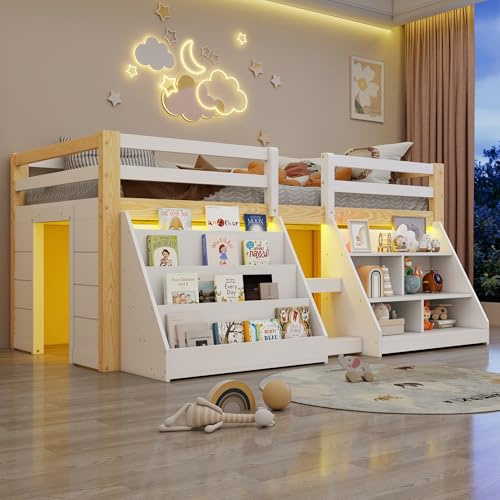 Kinderbett Halbhochbett 90x200 mit LED Beleuchtung, Einzelbett mit Treppe & Aufbewahrungsschrank, Stauraumbett Holzbett Funktionsbett Jugendbett mit Rausfallschutz&Lattenrost,Weiß+Natur,ohne Matratze