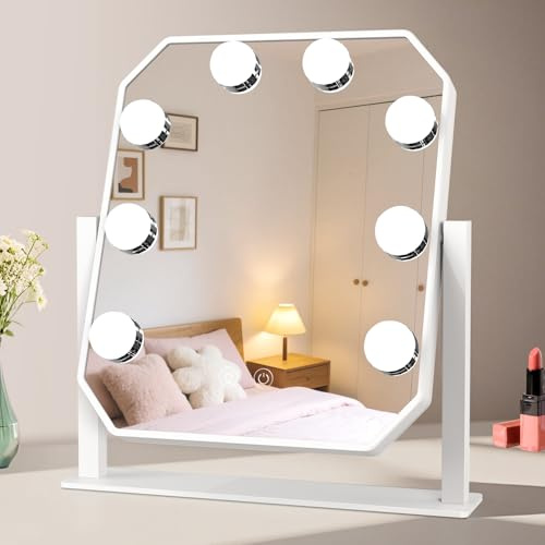 Aogled Hollywood Schminkspiegel mit Beleuchtung,Groß Make Up Spiegel mit Licht,Stufenlos Dimmbar, 3000K/6000K,LED Spiegel für Schminktisch Schlafzimmer,Weiß 30x25cm