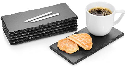 Sänger | Schieferplatten-Set Biscuit mit Kreide, 6 moderne Untersetzer aus Schiefer. Serviertablett, Eckiges Tellerset | 20x10 cm