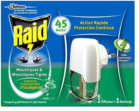 Raid difusor eléctrico líquido, 1 recarga, mosquitos y mosquitos tigres, aceites esenciales de eucalipto, 45 noches, insecticida