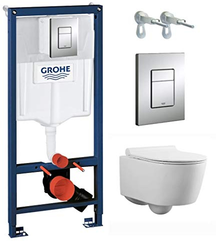 lavita Vorwandelement Solido + Wand Hänge WC Giant Weiß Spülrandlos + WC Sitz mit Absenkautomatik Glänzend Weiß Knopf Komplettset Unterputz Spülkasten Toilette Komplett Sett WC