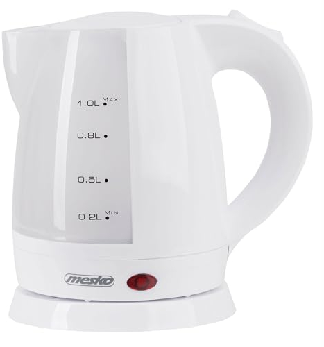 Mesko MS1276 Elektrischer Wasserkocher 1 Liter, Kabellos, BPA-frei, Klein Teekocher Schnurlos, Automatische Abschaltung Kettle, 360º Basis, Water Kalkfilter, Weiß, 1600W