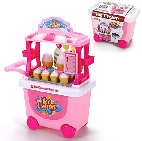 SOKA® Ice Cream Trolley Shop Cart for Children - 27 Pcs Ice Cream Parlour Pretend Food Play Set for Kid's Activity & Early Development Education - Gift for Boys Girls