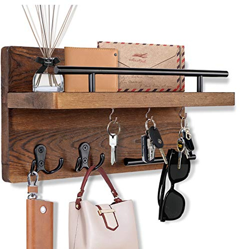 OurWarm Wall Mounted Key Holder/Hangers for Wall Decorative with 5 Key Hooks, Wooden Mail Rack Organizer with Shelf, Rustic Home Decor for Entryway Mudroom Hallway Office, Brown