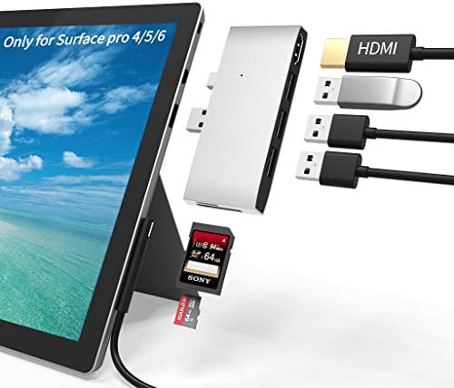 Surface Pro 4/Pro 5/Pro 6 Dockingstation USB Hub USB 3.0 Hub Adapter, SD & TF/Micro SD Speicherkartenleser, 4K HDMI Port Converter Zubehör für Microsoft Surface Pro 6/5/4