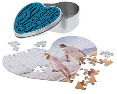 stempel-fabrik Individuelles Puzzle mit Blauer Herzdose - 96 Teile - Fotopuzzle mit eigenem Bild - Geschenkidee - Geburtstagsgeschenk - Personalisiert - Jahrestag - Hochzeitstag - Valentinstag