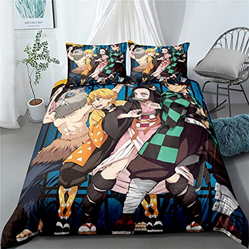 PTNQAZ Anime Demon Slayer Devil's Blade Bettbezug-Set Kissenbezug Kimetsu No Yaiba Tanjirou Nezuko Cartoon Heimtextil-Dekor Bettwäsche-Set für Mädchen (Doppelbett)