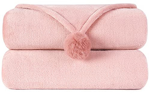 Mermaker Flanell-Fleece-Decke in voller Größe mit süßem Pompon, 203 x 228 cm, leichte Decke für alle Jahreszeiten, weiche gemütliche Mikrofaser, niedliche Überwurfdecke für Sofa, Bett, Reisen, Rosa