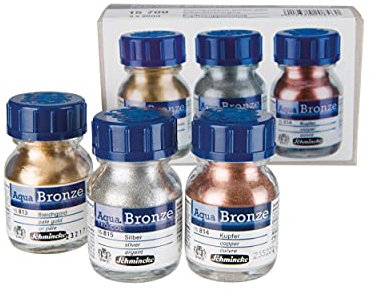 Schmincke Lot de 3 flacons de 20 ml Aqua Bronze Or Blanchiment Argent Cuivre 15 700 097 Effets métalliques brillants sur la gouache et l'aquarelle, papier, carton, carton à peindre, toile