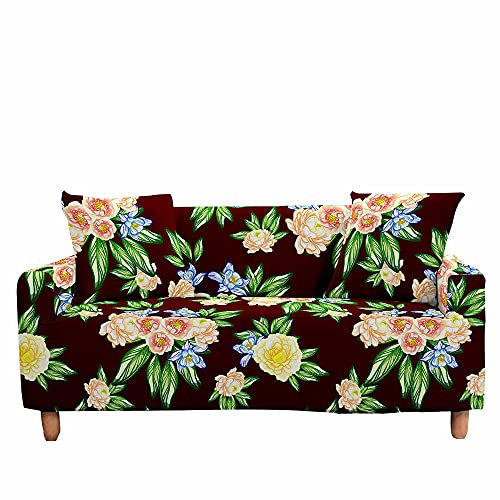 FANSU Stretch Sofabezug Antirutsch Sofaüberwürfe mit Armlehnen, 3D Blumendruck Ecksofa L Form Sofa/Couchbezug/Sesselbezug für Wohnzimmer Wohnkultur (Dunkelrot,2 Sitzer)