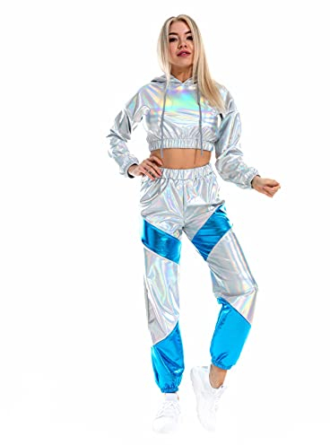 Damen Glänzende Metallic Trainingsanzug Jogginganzug Sportanzug Langarm Kapuzen Crop Top und Cargohose 2er Hosenanzug Hausanzug Nachtclub Performance Tanzbekleidung Silber Medium