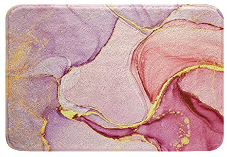 Rosa Marmor Badematte 50x80cm für Badezimmer rutschfest Badezimmerteppich Badteppiche Luxus Lila Goldener Marmor Abstrakte Kunst Ultra Dicker Weich Mikrofaser Badvorleger für Küche/Wohnzimmer