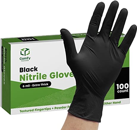 Comfy Package [100 Pezzi Guanti in Nitrile Neri Monouso, Senza Lattice, 6 Mil di Extra Resistenza, Senza Polvere, Resistenti ai Prodotti Chimici, Punta Testurizzata - Taglia Media