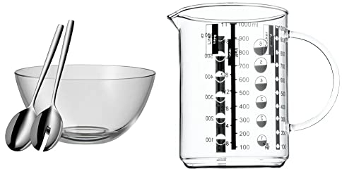 WMF Taverno Salatschüssel Set 3-teilig, Salatbesteck 25cm mit Salatschale, spülmaschinengeeignet & Gourmet Glas Messbecher 1l, hitzebeständiges Glas, Skalierung für Liter, Milliliter, Tassen und Gramm