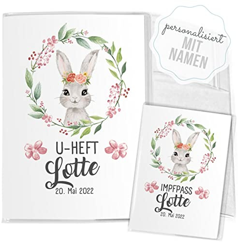 Mikalino Hülle für U-Heft + Impfpass Hase Blumenkranz (Name, Datum) Impfpasshülle & Schutzhülle, Grösse:U-Heft Set 3-teilig personalisiert, Farbe:7028_Hase_Blumenkranz