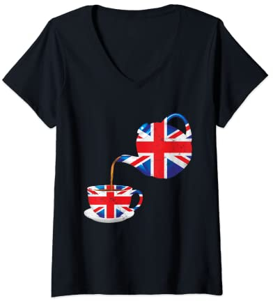 Womens UK Tea Pot Union Jack United Kingdom England Tea Lover Gift V-Neck T-Shirt