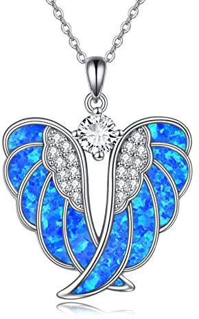 YAFEINI Engelsflügel Halskette 925 Sterling Silber Blauer Opal Schutzengel Anhänger Halskette Flügel Schmuck für Frauen Mädchen Geschenke