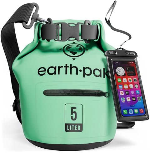 Earth Pak Dry Bag– Wasserdichter Packsack mit Reißverschluss Tasche, Schultergurt und wasserfester Handyhülle – Ideal beim Kajak Fahren, Camping, Angeln, Bootfahren und Rafting (Meerschaumgrün, 5L)