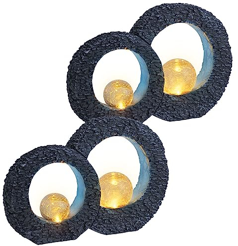 etc-shop Gartendeko Solarleuchte Balkonbeleuchtung Solar Dekoleuchte Skulptur Solar Leuchte Terrassen Deko, mit Feuereffekt Glaskugel, Stein Optik grau blau, 1xLED, LxH 36 x 24,5 cm, 2er Set