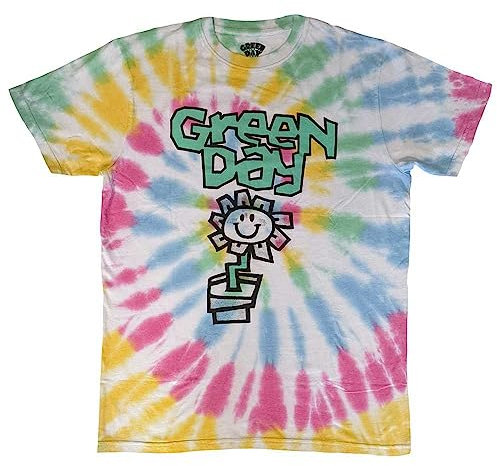 Green Day T Shirt Flower Pot Band Logo Official Unisex White Dye Wash L