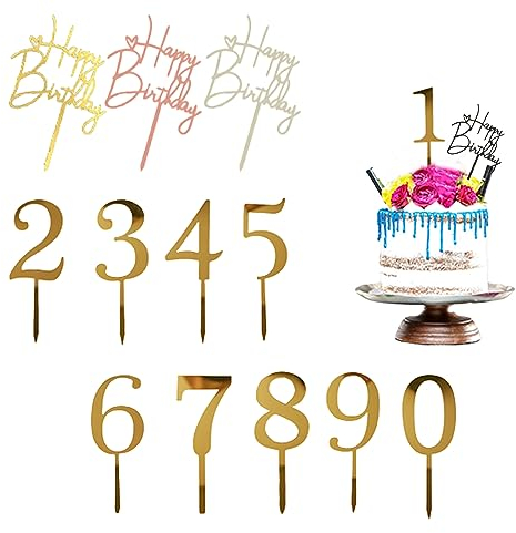 Plstod Tortendeko Geburtstag 14 Stück Happy Birthday Cake Topper Nummer 0-9 Tortendeko Gold Cake Topper Acryl Happy Birthday Tortendeko für Babyparty Geburtstagsfeiern Hochzeitsparty