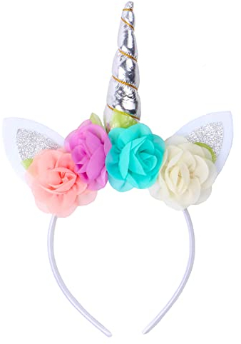 Wozloify Einhorn Haarreif mit Horn, Ohren und Blumen - Geburtstag Damen Haarschmuck für Ostern, Party, Karneval - Head Accessoires Dekoration (Silber)
