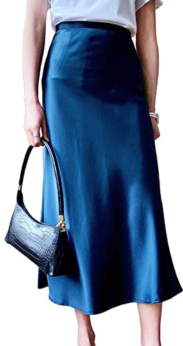 JACTZ Gonna Donna Donne Raso Seta Gonna Vita Alta Ufficio Elegante Lungo Base Solido Midi A-Line Gonne Estive per Le Donne-Darkblue,L