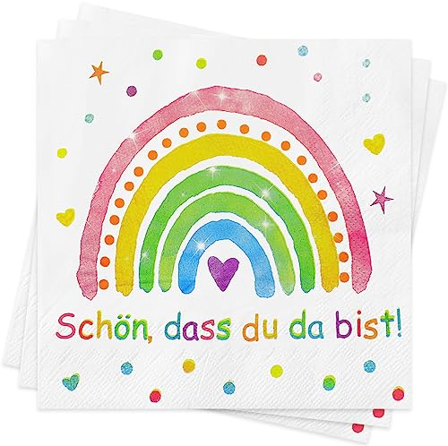 Servietten Regenbogen Schön Dass Du Da Bist, 80Stück Servietten für Kindergeburtstag, Babypartys,Taufe, Konfirmation Kommunion Tischdeko, Regenbogen Party für Junge und Mädchen (Regenbogen 80)