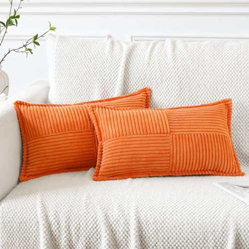 Artscope 2er Set Kordsamt Kissenbezüge Samtkissen Weich Dekokissen Dekorativ Kissenbezug Modern Kissenhülle Umwickelte Kante Sofakissen für Wohnzimmer Schlafzimmer Orange, 30x50cm