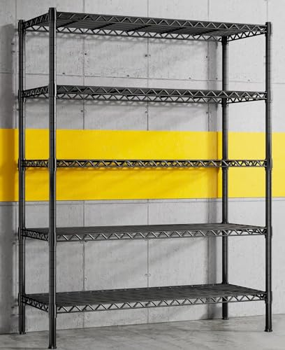REIBII Shelving Unit Metal Shelving Units for Storage 5-Tier Metal Corner Shelf 450KG Heavy Duty Storage Rack Wire Pantry Shelves Adjustable Wire Shelving Unit, 90X35X150 CM…