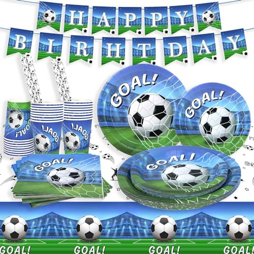 Heboland Decoration Assiette Anniversaire Foot Kit pour 25 Invités, Vaisselle Anniversaire Football Deco Assiettes, Serviette, Pailles, Tasse, Nappe, Bannière pour Décorations Anniversaire Garçon