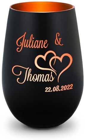 GRAVURZEILE Deko Windlicht aus Glas mit Gravur - Die große Liebe - Personalisiert mit Name & Datum - Persönliche Geschenke für Frauen und Männer zur Hochzeit - Schwarz/Bronze