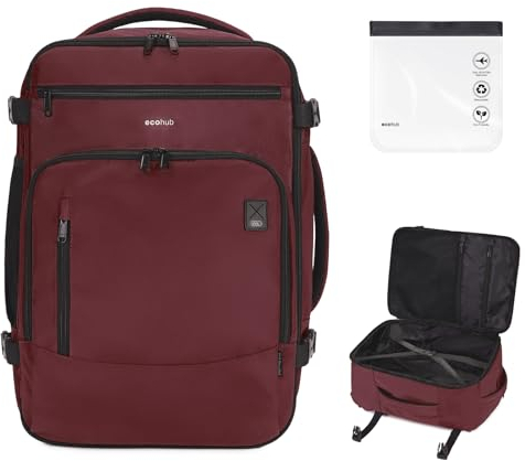 ECOHUB Rucksack Reiserucksack Flugzeug für Easyjet Handgepäck 45x36x20 Groß Rucksack mit 15.6 Zoll Laptopfach PET Recycelte Backpack Wasserfester Tagesrucksack Damen(Rot)