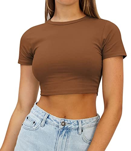 AirMood dam crop sport gym t-shirts basic cropped träning fitness toppar, BRUN, L