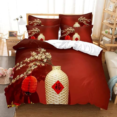 Pechiwuo Chinesischer Stil Bettwäsche 135x200 Weich Kuschelige Mikrofaser 3D Druck Rot Bettwäsche-Sets Bettbezug und 2 Kissenbezug 80x80 cm mit Reißverschluss B4488