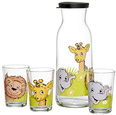 Ritzenhoff & Breker Dschungeltiere Kinderbecher & Karaffe, Kindergläser 205 ml und Kinderkaraffe 1,2 Liter, Kinder-Set mit Tiermotiven