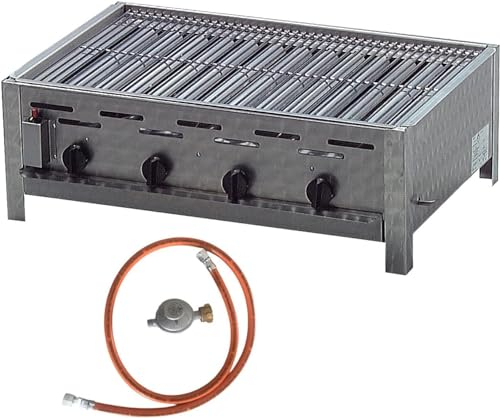 BSR-Grillen 4-flammiger Profi Gasgrill aus Edelstahl, stufenlos regelbar, Gasbräter, Gastrogrill, Gastrobräter mit Gasschlauch und Druckminderer (18,0 kW | Edelstahl Grillrost)