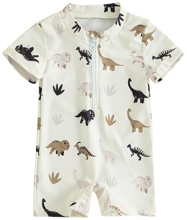 HodJIU Costume da bagno per bambini, anti-UV, stampa dinosauro a maniche corte, costume da bagno, piscina, spiaggia, surf, beige, 3-6 mesi