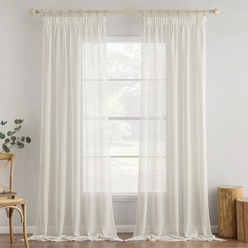 MIULEE 2er Set Voile Vorhang Sheer Vorhang mit kräuselband Transparente Leinenoptik Gardinen Wohnzimmer Modern Fensterschal Schlafzimmer 140x260cm (B x H) Elfenbeinweiß