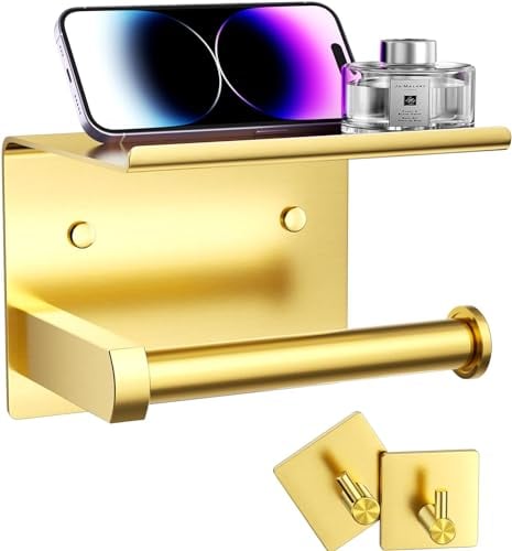 Tindbea Toilet Roll Holder with Phone Shelf + Towel Robe Hooks, Self Adhesive or Wall Mounted Toilet Roll Storage Dispenser, Stainless Steel Loo Roll Holder for Bathroom(Brushed Gold)
