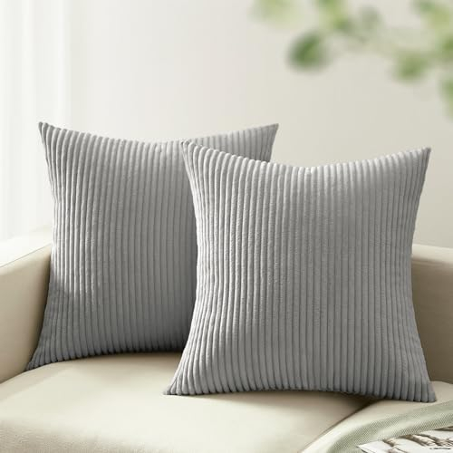 mosayt Kissenbezug 65x65 grau 2er Set Cordsamt gestreiftes Muster Kissenbezüge Dekokissen Sofakissen Couchkissen Deko Kissenhüllen für Wohnzimmer Sofa Groß Kissen