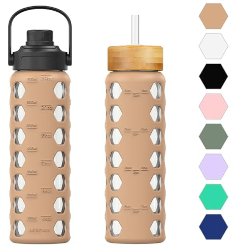 HYDRAGLAZIC gourde en verre 700ML Bouteille d'eau en verre avec 2 couvercles - Couvercle rabattable et couvercle en bambou avec pailles avec mesure gourde graduée anti-fuite, Ambre