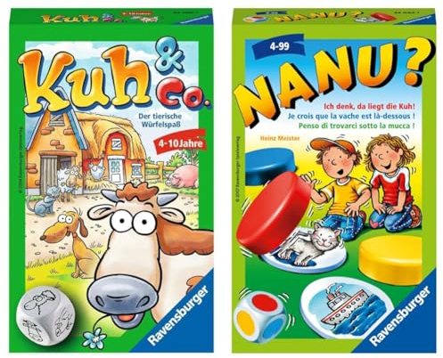 Ravensburger 23160 - Kuh und co, Mitbringspiel für 2-6 Spieler & 23063 - Nanu? Mitbringspiel für 2-4 Spieler, Merkspiel ab 4 Jahren, kompaktes Format, Reisespiel, Würfelspiel
